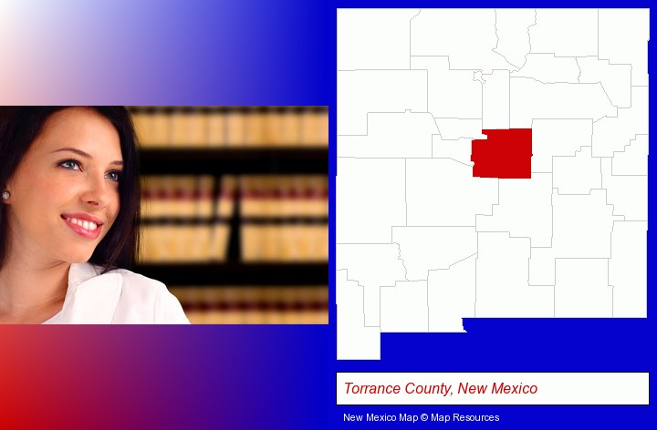 a young, female attorney in a law library; Torrance County, New Mexico highlighted in red on a map