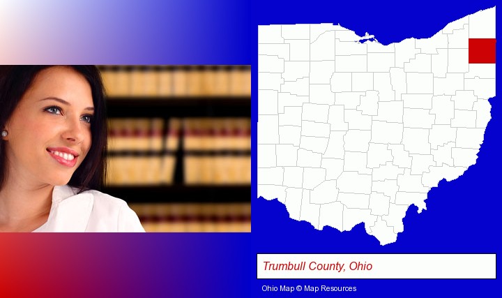 a young, female attorney in a law library; Trumbull County, Ohio highlighted in red on a map