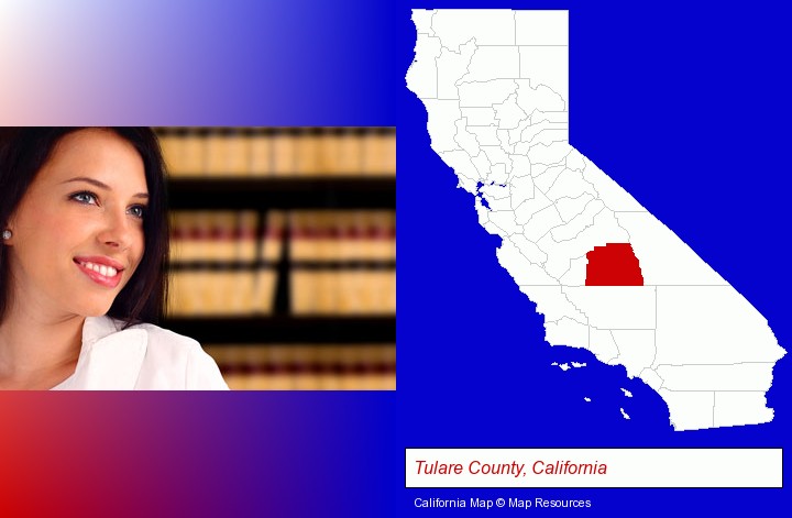 a young, female attorney in a law library; Tulare County, California highlighted in red on a map