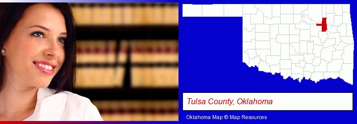 a young, female attorney in a law library; Tulsa County, Oklahoma highlighted in red on a map