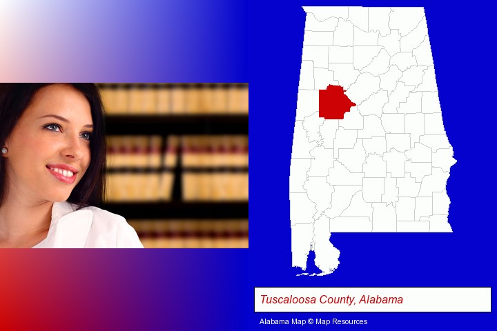 a young, female attorney in a law library; Tuscaloosa County, Alabama highlighted in red on a map