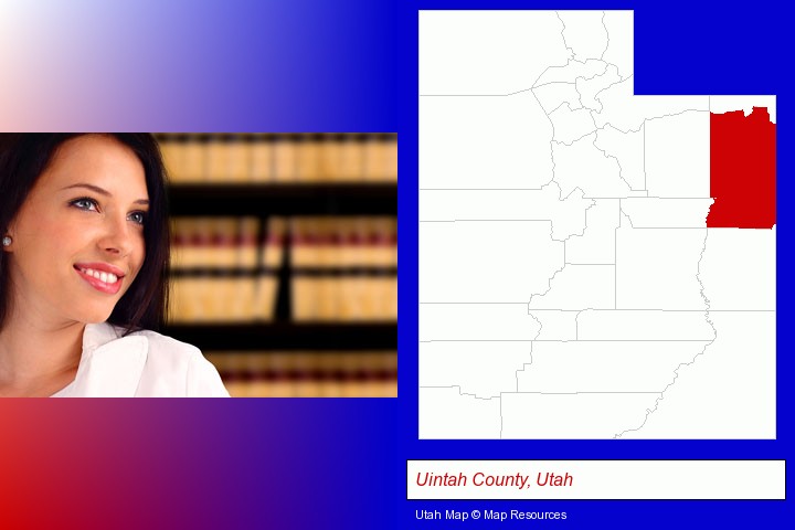 a young, female attorney in a law library; Uintah County, Utah highlighted in red on a map