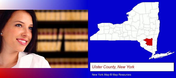 a young, female attorney in a law library; Ulster County, New York highlighted in red on a map