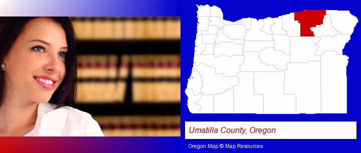 a young, female attorney in a law library; Umatilla County, Oregon highlighted in red on a map