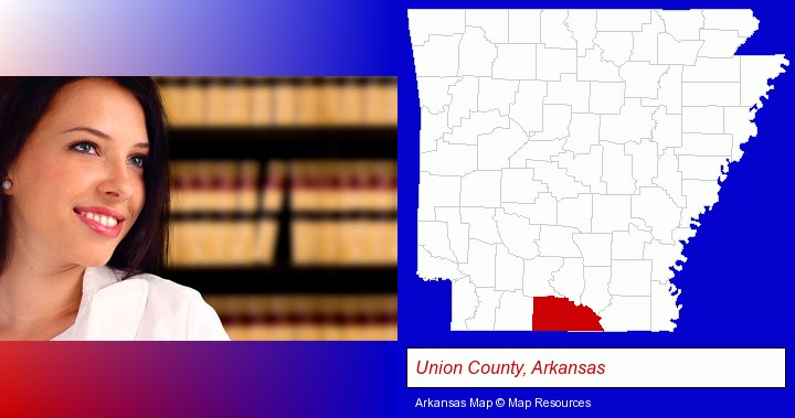 a young, female attorney in a law library; Union County, Arkansas highlighted in red on a map