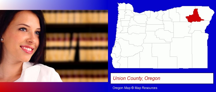 a young, female attorney in a law library; Union County, Oregon highlighted in red on a map