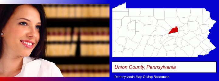 a young, female attorney in a law library; Union County, Pennsylvania highlighted in red on a map