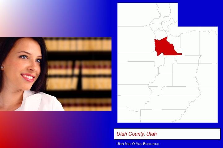 a young, female attorney in a law library; Utah County, Utah highlighted in red on a map