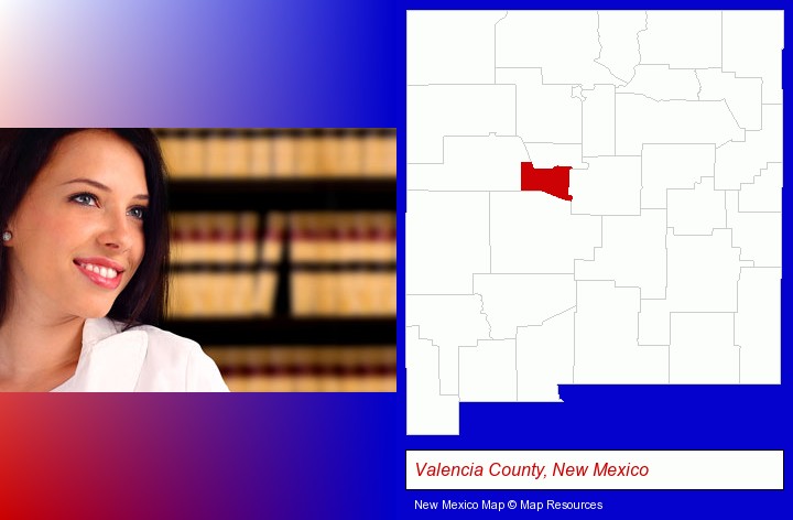 a young, female attorney in a law library; Valencia County, New Mexico highlighted in red on a map