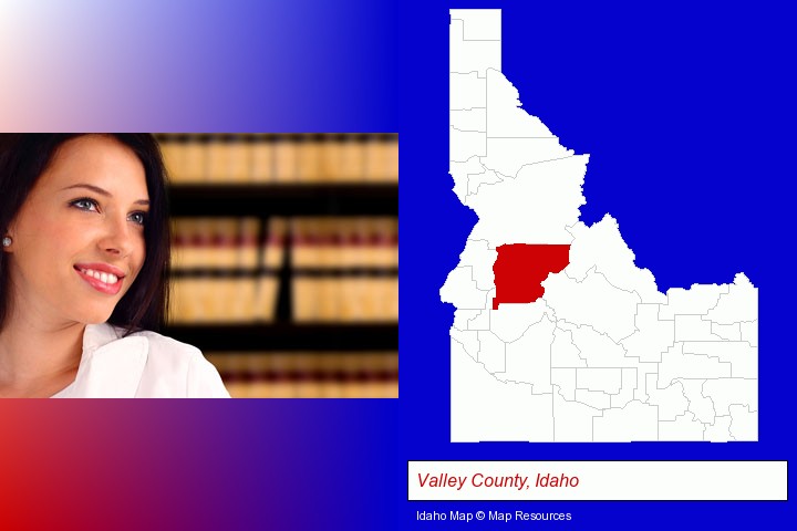 a young, female attorney in a law library; Valley County, Idaho highlighted in red on a map