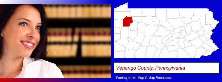 a young, female attorney in a law library; Venango County, Pennsylvania highlighted in red on a map