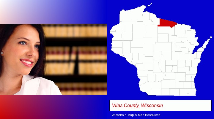 a young, female attorney in a law library; Vilas County, Wisconsin highlighted in red on a map