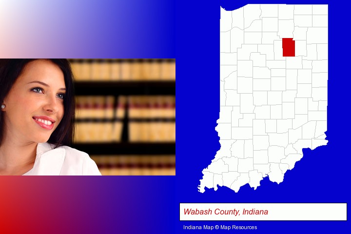 a young, female attorney in a law library; Wabash County, Indiana highlighted in red on a map