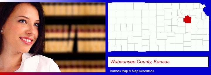 a young, female attorney in a law library; Wabaunsee County, Kansas highlighted in red on a map