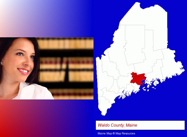 a young, female attorney in a law library; Waldo County, Maine highlighted in red on a map