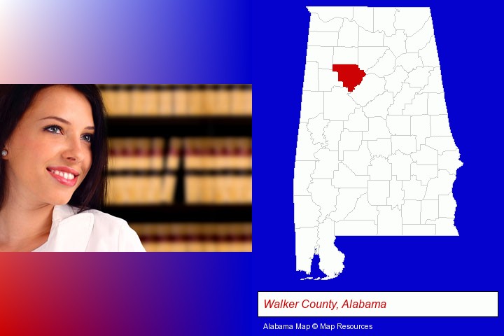 a young, female attorney in a law library; Walker County, Alabama highlighted in red on a map