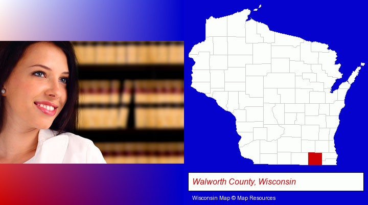 a young, female attorney in a law library; Walworth County, Wisconsin highlighted in red on a map