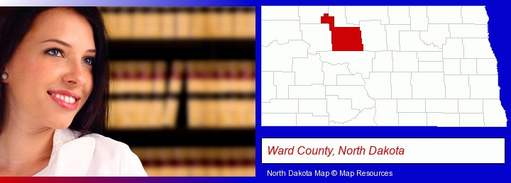 a young, female attorney in a law library; Ward County, North Dakota highlighted in red on a map