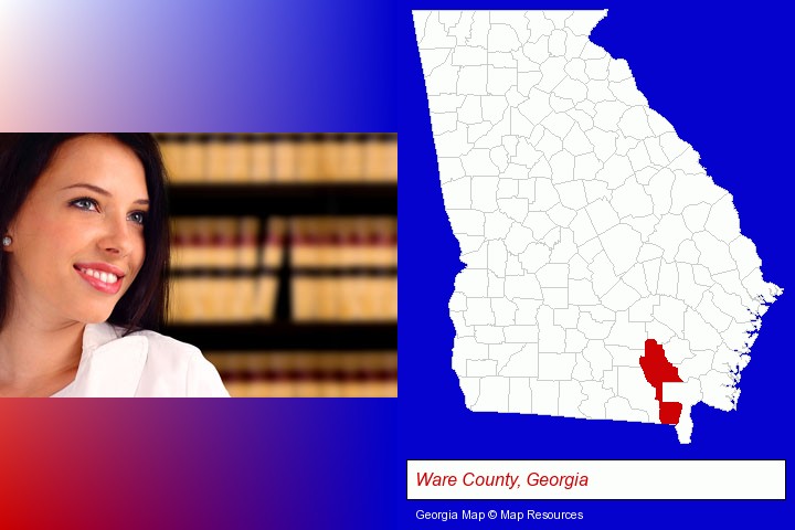 a young, female attorney in a law library; Ware County, Georgia highlighted in red on a map