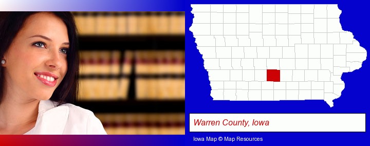 a young, female attorney in a law library; Warren County, Iowa highlighted in red on a map