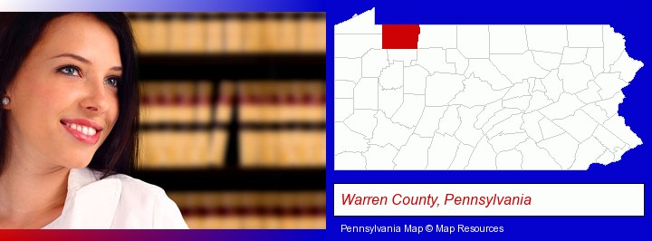 a young, female attorney in a law library; Warren County, Pennsylvania highlighted in red on a map