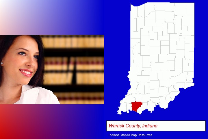 a young, female attorney in a law library; Warrick County, Indiana highlighted in red on a map