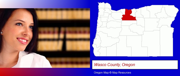 a young, female attorney in a law library; Wasco County, Oregon highlighted in red on a map