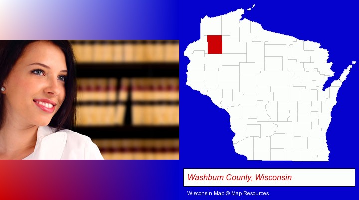 a young, female attorney in a law library; Washburn County, Wisconsin highlighted in red on a map