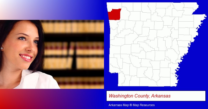 a young, female attorney in a law library; Washington County, Arkansas highlighted in red on a map