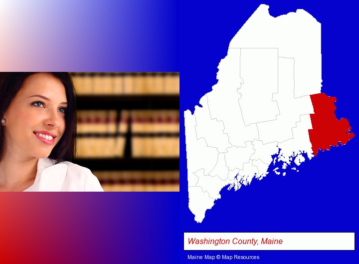 a young, female attorney in a law library; Washington County, Maine highlighted in red on a map
