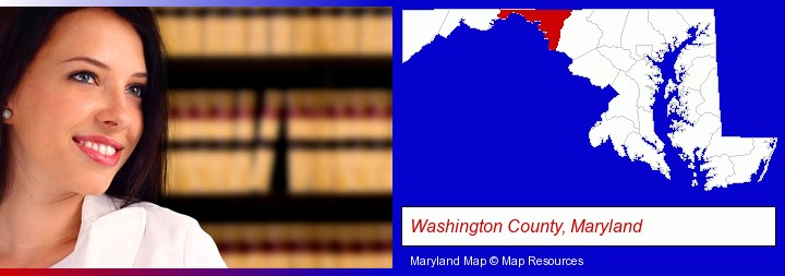 a young, female attorney in a law library; Washington County, Maryland highlighted in red on a map