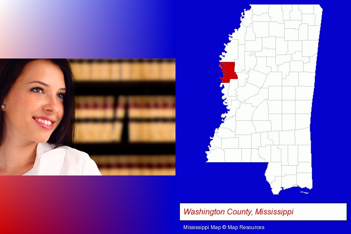 a young, female attorney in a law library; Washington County, Mississippi highlighted in red on a map