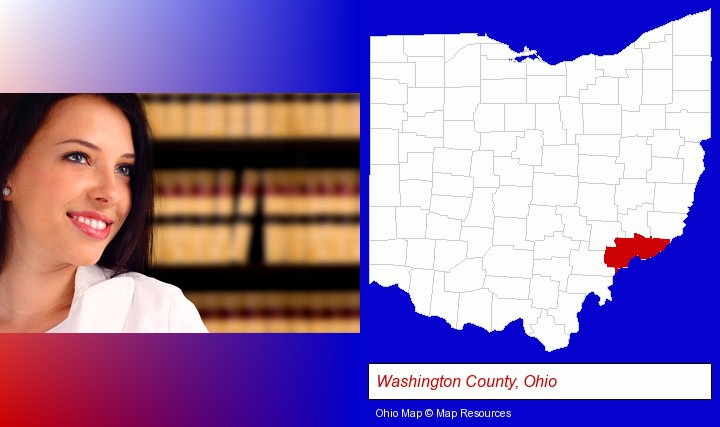 a young, female attorney in a law library; Washington County, Ohio highlighted in red on a map