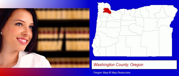 a young, female attorney in a law library; Washington County, Oregon highlighted in red on a map