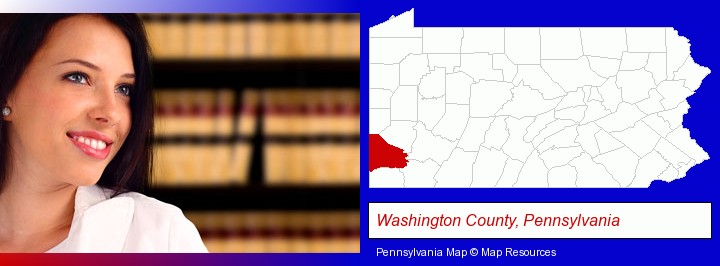 a young, female attorney in a law library; Washington County, Pennsylvania highlighted in red on a map
