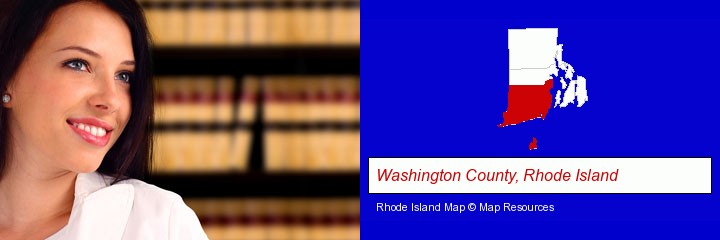 a young, female attorney in a law library; Washington County, Rhode Island highlighted in red on a map