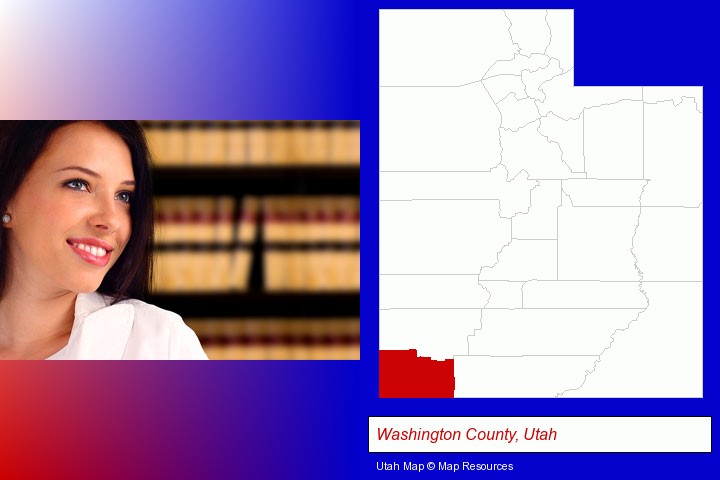 a young, female attorney in a law library; Washington County, Utah highlighted in red on a map