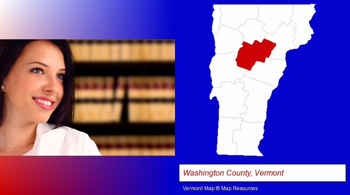 a young, female attorney in a law library; Washington County, Vermont highlighted in red on a map