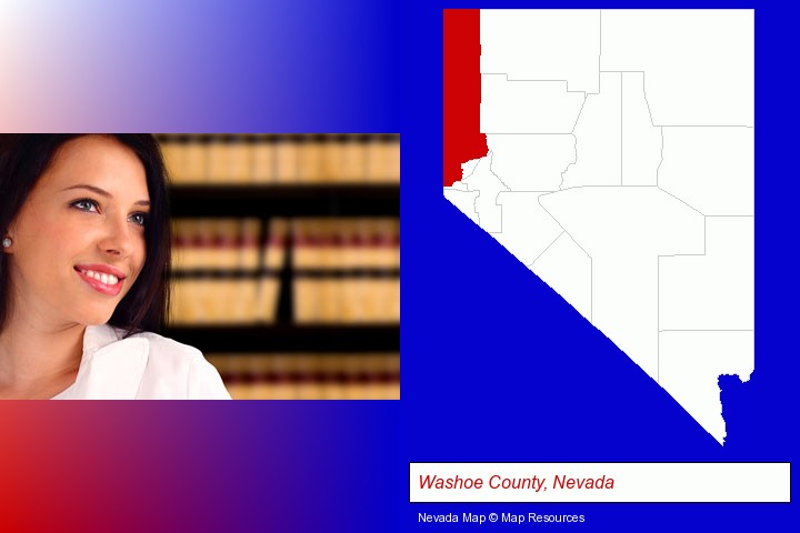 a young, female attorney in a law library; Washoe County, Nevada highlighted in red on a map
