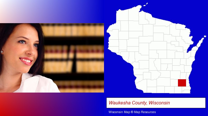 a young, female attorney in a law library; Waukesha County, Wisconsin highlighted in red on a map