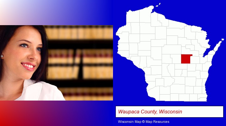 a young, female attorney in a law library; Waupaca County, Wisconsin highlighted in red on a map