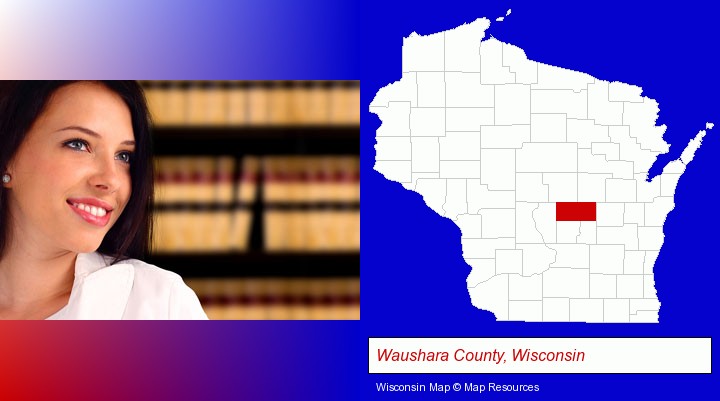 a young, female attorney in a law library; Waushara County, Wisconsin highlighted in red on a map