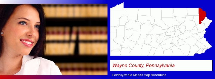 a young, female attorney in a law library; Wayne County, Pennsylvania highlighted in red on a map