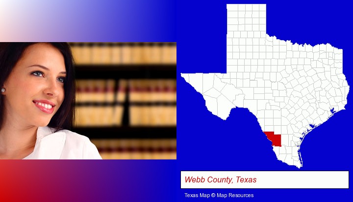 a young, female attorney in a law library; Webb County, Texas highlighted in red on a map