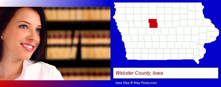 a young, female attorney in a law library; Webster County, Iowa highlighted in red on a map