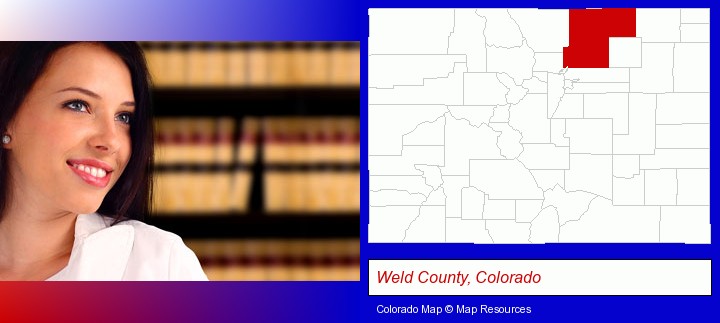 a young, female attorney in a law library; Weld County, Colorado highlighted in red on a map