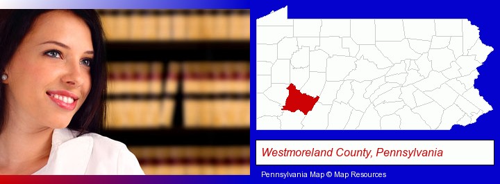 a young, female attorney in a law library; Westmoreland County, Pennsylvania highlighted in red on a map