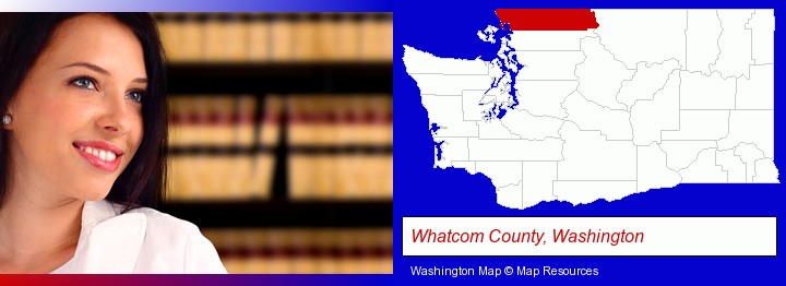 a young, female attorney in a law library; Whatcom County, Washington highlighted in red on a map