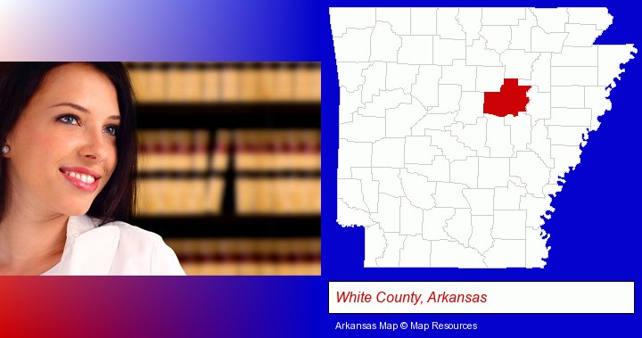 a young, female attorney in a law library; White County, Arkansas highlighted in red on a map