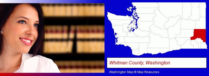 a young, female attorney in a law library; Whitman County, Washington highlighted in red on a map
